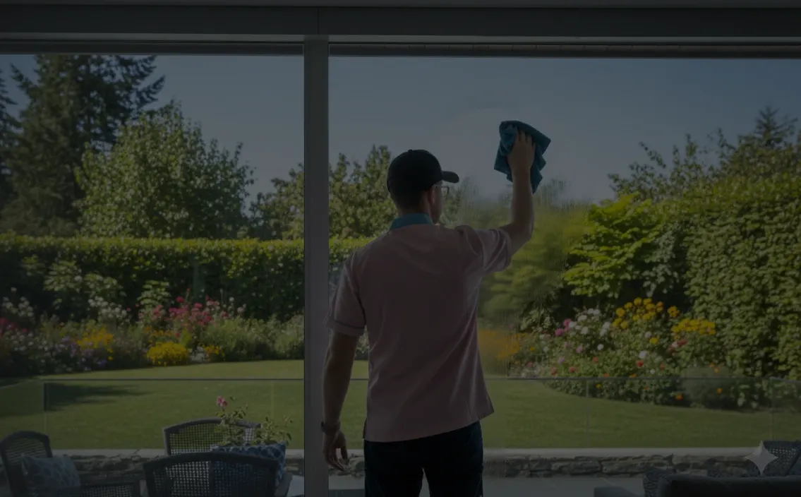 Tidy Troupe cleaner washing the windows of a home in Luxembourg