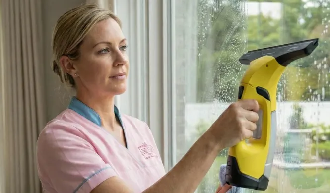 Tidy Troupe cleaner washing windows during a deep clean in Luxembourg